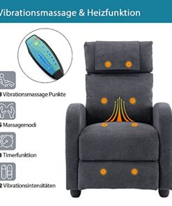 HOMOPIV Fauteuil de Relaxation Inclinable avec Massage et Chauffage, Chaise Détente avec Repose-Pieds et Appui-tête Ajustables, Tissu Gris