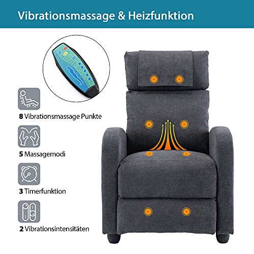 HOMOPIV Fauteuil de Relaxation Inclinable avec Massage et Chauffage, Chaise Détente avec Repose-Pieds et Appui-tête Ajustables, Tissu Gris