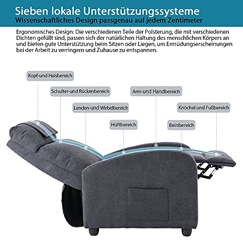 HOMOPIV Fauteuil de Relaxation Inclinable avec Massage et Chauffage, Chaise Détente avec Repose-Pieds et Appui-tête Ajustables, Tissu Gris