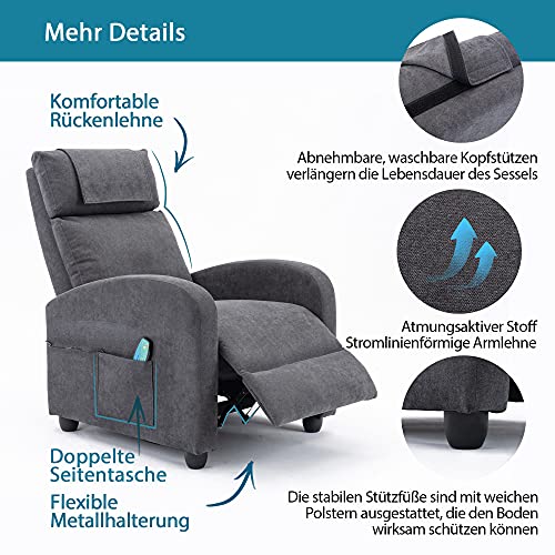 HOMOPIV Fauteuil de Relaxation Inclinable avec Massage et Chauffage, Chaise Détente avec Repose-Pieds et Appui-tête Ajustables, Tissu Gris