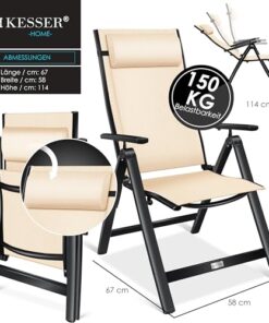 KESSER® Fauteuil de Jardin à Dossier Élevé avec Accoudoirs - Chaise Pliable en Aluminium avec Coussin - Chaise de Camping Réglable en 7 Positions - Confortable et Résistante