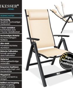 KESSER® Fauteuil de Jardin à Dossier Élevé avec Accoudoirs - Chaise Pliable en Aluminium avec Coussin - Chaise de Camping Réglable en 7 Positions - Confortable et Résistante