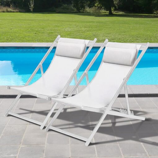 SKYLANTERN® Lot de 2 Chiliennes en Aluminium Blanc - Fauteuils Pliables, Résistants et Confortables - Idéaux pour le Jardin, la Terrasse et la Plage - Structure Anti-Rouille,...