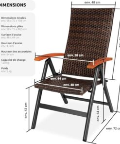 TecTake® Chaise de Jardin Pliable avec Accoudoirs et Dossier Réglable, Mobilier d'Extérieur en Poly Rotin et Aluminium, Idéal pour Aménagement de Balcon