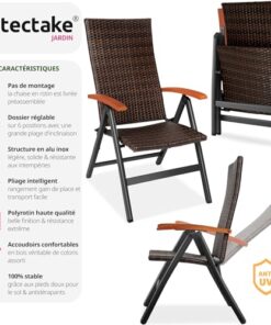 TecTake® Chaise de Jardin Pliable avec Accoudoirs et Dossier Réglable, Mobilier d'Extérieur en Poly Rotin et Aluminium, Idéal pour Aménagement de Balcon