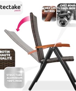 TecTake® Chaise de Jardin Pliable avec Accoudoirs et Dossier Réglable, Mobilier d'Extérieur en Poly Rotin et Aluminium, Idéal pour Aménagement de Balcon