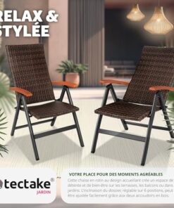 TecTake® Chaise de Jardin Pliable avec Accoudoirs et Dossier Réglable, Mobilier d'Extérieur en Poly Rotin et Aluminium, Idéal pour Aménagement de Balcon