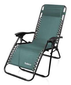 Todeco Chaise Longue de Jardin Pliable, Transat de Plage avec Repose-tête et Accoudoirs Réglables, Bain de Soleil en Textilène Respirant - Vert