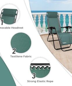 Todeco Chaise Longue de Jardin Pliable, Transat de Plage avec Repose-tête et Accoudoirs Réglables, Bain de Soleil en Textilène Respirant - Vert