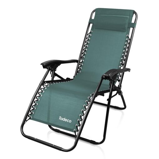 Todeco Chaise Longue de Jardin Pliable, Transat de Plage avec Repose-tête et Accoudoirs Réglables, Bain de Soleil en Textilène Respirant - Vert