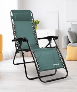 Todeco Chaise Longue de Jardin Pliable, Transat de Plage avec Repose-tête et Accoudoirs Réglables, Bain de Soleil en Textilène Respirant - Vert