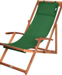 Transat en Bois d'Acacia Vert Réglable à 3 Niveaux - Chaise de Jardin Pliable avec Repose-tête par Deuba