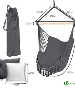 VOUNOT Chaise Suspendue en Coton Doux avec 2 Coussins - Siège Balançoire pour Intérieur et Extérieur, Hamac Portable à Franges Gris